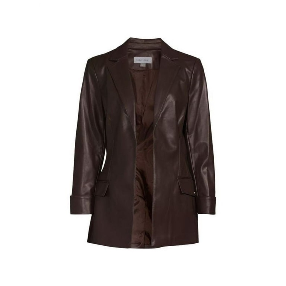 Calvin Klein Faux Leather Open Front Blazer Size 10 in Brown/Burgundy
